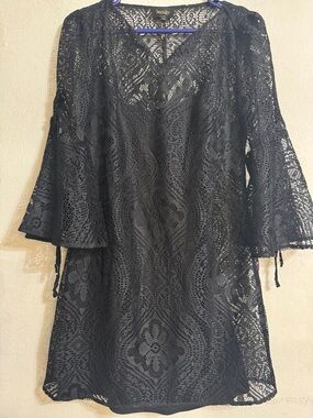 Laundry By Shelli Segal Black Crochet Lace Bell-Sleeve Tunic Dress Size 2 NWT